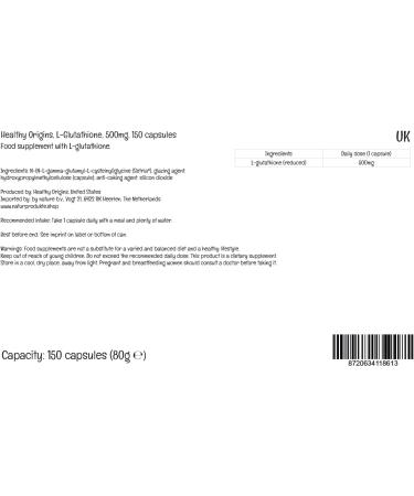 Healthy Origins L-Glutathione Reduced 500mg 150 Vegan Capsules | Lab-Tested, Vegetarian, Soy Free, Gluten Free, Non-GMO - Buy Online on GoSupps.com