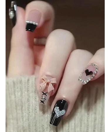 24pcs Bow Black Coffin Fake Nail Bow Heart Press on Nails Bow Heart Long Coffin Nails Luxurious Nails Acrylic Nails Fake Nails For Women Girls - Buy Online on GoSupps.com