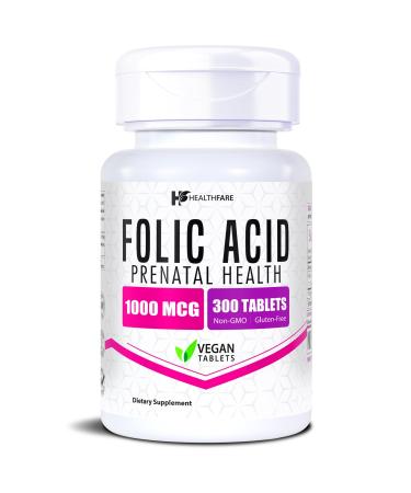 Healthfare Folic Acid 1000mcg | 300 Veg Tablets | Vitamin B9 | Gluten-Free | Non-GMO | Made in USA