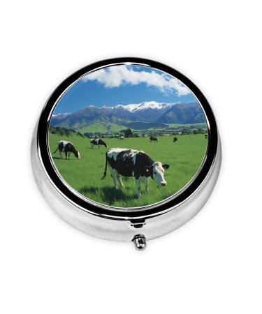 Grass and Cows Portable Metal Pill Box Round Mini 3-Compartment Plastic Insert hinged Fastening Design Suitable for Small Pills Must-Have for Travel