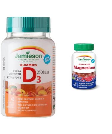 Jamieson Extra Strength Vitamin D3 Gummies & Magnesium Gummies - Cranberry Grape Flavour 60 Count (Pack of 1) VITAMIN + SUPPLEMENT 9204
