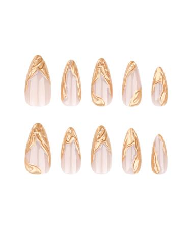 24Pcs Medium Almond Press on Nails | French Tip 3D Gold Full Cover Acrylic | Reusable Glossy Fake Nails for Women | Easy Glue-On Nail Tips - Buy Online on GoSupps.com