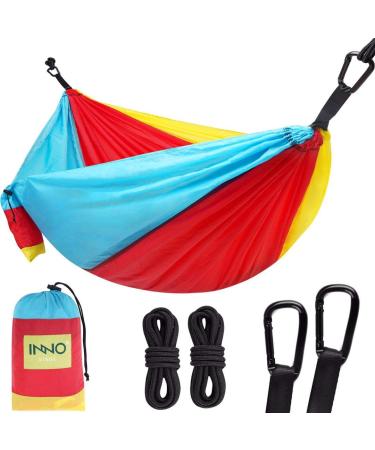 Camping Hammock Single with 2 Tree Ropes, Portable Hammock Lightweight Nylon Hammocks for Backpacking, Travel Hiking, Travel, Beach, Backyard - 3-Color Red/Yellow/Sky Blue Single 55"W x 109"L