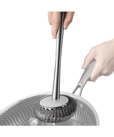 Stainless Steel Scrubber - Long Handle and Anti-Slip Scrubbers for Dishes | Pots Cleaning Supplies for Non-Stick Pans Iron Pots Bowl Dishwashing Sink Hersil