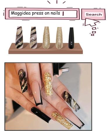 Golden Black Sparkling Coffin False Nails - Extra Long Press on Nails for Women and Girls - 24pcs with Glue Stickers - Fashion Ballerina Fake Nails - Buy Online on GoSupps.com