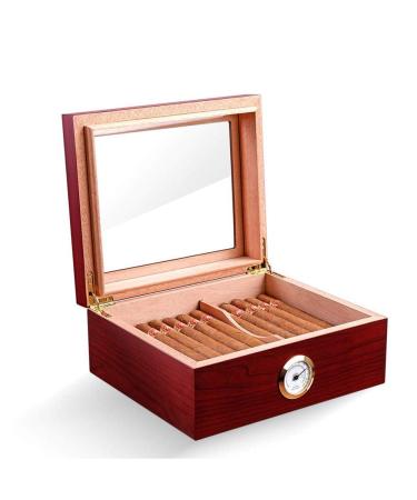 PIPITA Cigar Humidor Desktop Glass Top Cedar Wood Box Travel Humidor for Cigars with Humidifier and Hygrometer Holds 25-50 Cigars (Glass Top) (Red)