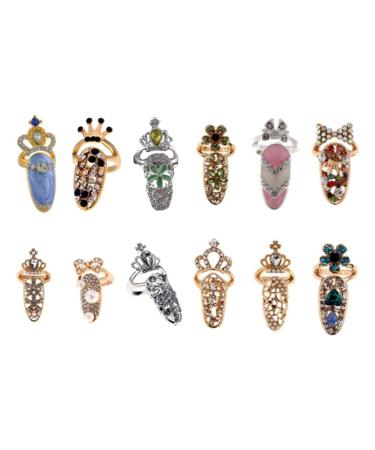 Minkissy 12pcs Crystal Finger Nail Rings - Alloy Crown Flower Bow Rhinestone Decor for Girls and Women - Buy Online on GoSupps.com