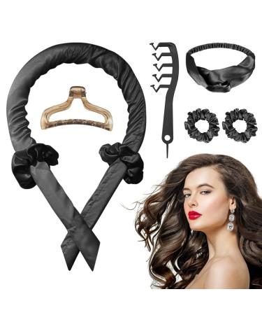 Heatless Curlers Headband 6pcs Heatless Hair Curlers Heatless Curls Hair Curler No Heat Overnight Sleeping Self Grip Hair Roller Waves with Hair Claw Rod Headband Roller Comb Black