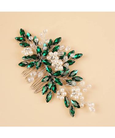 Kercisbeauty Green Crystal Hair Piece for Wedding Brides Bridesmaid Pearl Side Hair Comb for Women Girls Special Events Handmade Jewelry (Dark Green)