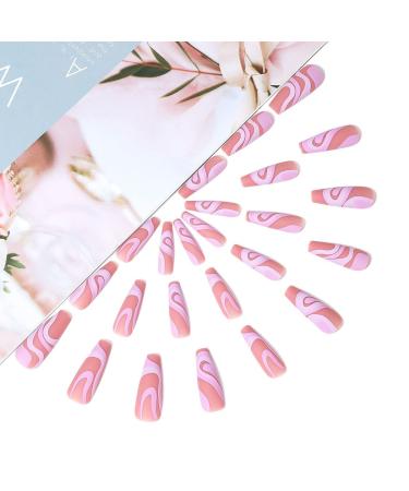 Brishow Long Press On Nails - Pink Lines Ballerina Acrylic Fake Nails | 24 Pieces for Women & Girls | International Shipping - Buy Online on GoSupps.com