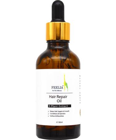 Feelia Hair Repair Oil With Argan Avocado Jojoba For Dry Damage Hair Keeps Hair Supple & Smooth Conditions & Hydrates Rich in Vitamin E 9 Plant Extract 50ml - Buy Online on GoSupps.com