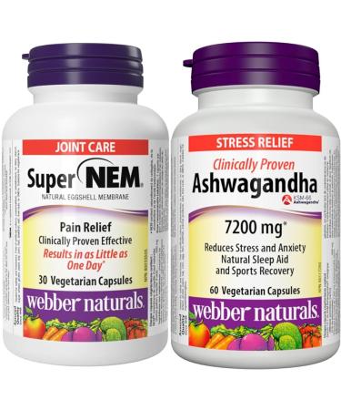 Webber Naturals Super NEM 30 Capsules Natural Eggshell Membrane for Support of Joint Pain & Ashwagandha 7200 mg 60 Capsules Organic and Clinically Proven KSM-66 Ashwagangha Super NEM + SUPPLEMENT 3909