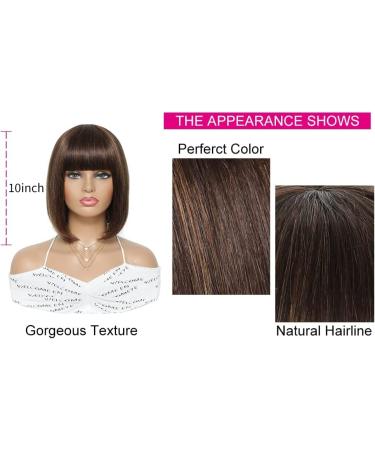 10 Inch Dark Brown Straight Bob Wig with Bangs - Brazilian Remy Human Hair, 130% Density, Glueless Full Machine Made Wig for Black Women - Buy Online on GoSupps.com