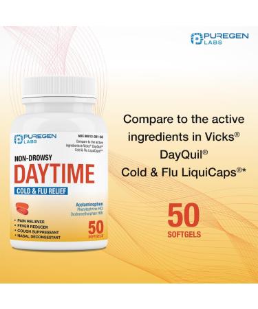 Puregen Labs Non-Drowsy Cold & Flu Medicine for Adults | Multi-Symptom Relief (50 Softgels) - Severe Congestion Headache Sore Throat Fever Aches & Pains (Daytime - Buy Online on GoSupps.com