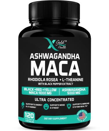 Ashwagandha 5,000mg + Maca Root Black, Red, Yellow 4,000mg, Rhodiola & L-Theanine: 30:1 Extract Ashwagandha Capsules, 20:1 Extract Maca Root Capsules - Supplement for Energy, Mood & Thyroid Support