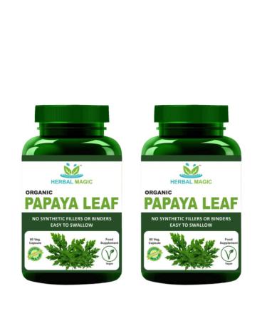 Herbal Magic Natural Papaya Leaf (Carica Papaya) 60 x 500 mg Veg Capsules - Rich Revered & Prized herb in Ayurveda - Whole Leaf Used - No Fillers & Preservatives (Pack of 2) Papaya Leaf Powder Capsules - Pack 2
