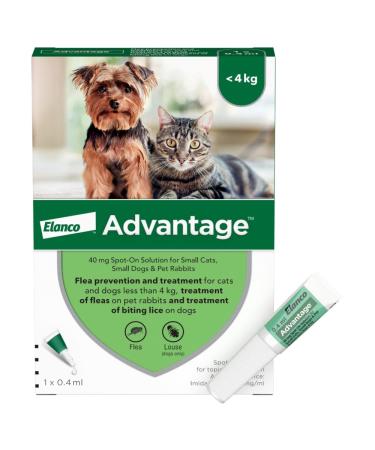 Advantage 40 Flea Spot On Treatment For Dogs Cats & Rabbits 1 Pipette 0.4ml 4kg - Buy Online on GoSupps.com