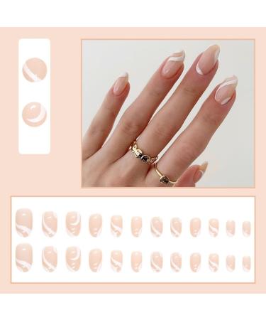 Justotry 24 Pcs Swirl Oval Short White French Press on Fake Nails - Trendy Round Almond Medium Stick on Nails with Nail Glue for Women's Nail Art - Buy Online on GoSupps.com