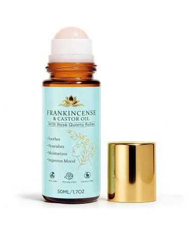 TWWKDD Frankincense and Castor Oil Castor Oil Roll On with Rose Quartz 100% Pure Organic Cold-Pressed Firms Skin Reduces Fine Lines Suitable for Face Neck Abdomen(50ML/1.7OZ)