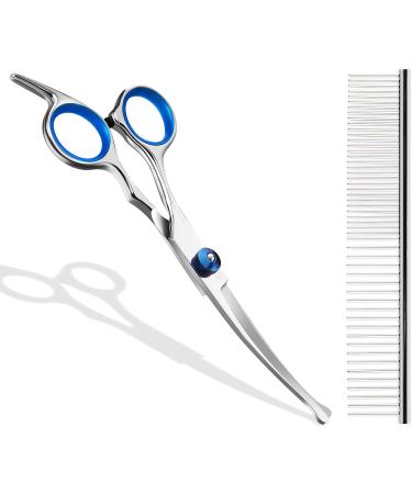 Curved Stainless Steel Fell Scissors for Dogs & Cats | Professional Grooming Scissors Set with Pet Comb - Blue - Buy Online on GoSupps.com