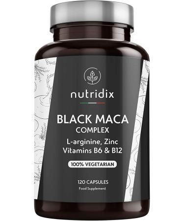 Black Maca 1,200 mg per dose – Extract Equivalent to 24,000 mg Maca Plant Concentrate 20:1 – 100% Vegetarian Formula with L-Arginine, Vitamin B6, B12 and Zinc – 120 Nutridix Capsules