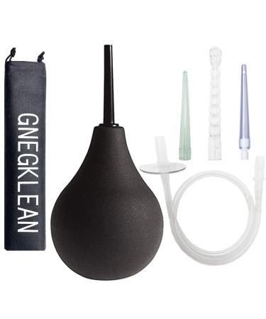 GNEGKLEAN Black Silicone Enema Bulb Kit 7.6oz Clean Anal Douche for Men Women with 19.7in Hose+4 Replaceable Nozzle (Black)