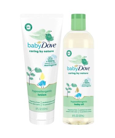 Dove Baby Oil & Baby Lotion Caring by Nature Hypoallergenic Oil & Lotion Nourishing Moringa Oil & Vitamin E Oil for Skin Fragrance Free 8 Oz Ea (2 Piece Set)