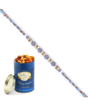 Ghasitaram Gifts Rakhi for Brother Rakhis Online - 6375 Fancy Thread Rakhi with 100 GMS of Dryfruits Mix Can