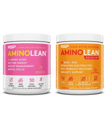 RSP NUTRITION AminoLean Pre Workout Energy (Pink Lemonade 30 Servings) with AminoLean Recovery Post Workout Boost (Blood Orange 30 Servings)