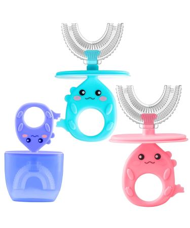 3 Pack Kids U-Shaped Toothbrush Food Grade Soft Silicone Brush Head 360 Whole Mouth Manual Training Tooth Brush for Toddlers and Children 2-12 Years Old(Blue Pink Purple)