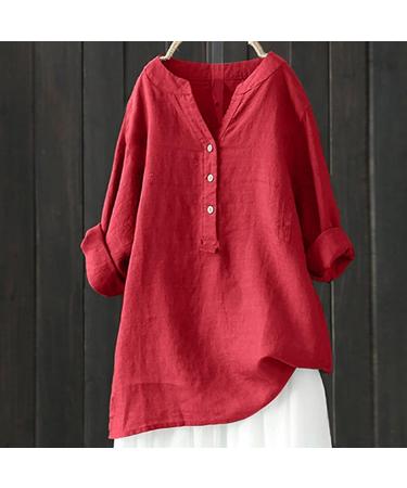 Womens Cotton Linen Shirts Plus Size Blouse Summer Long Sleeve Lapel Button Casual Tee Shirt V-Neck Loose Fit Going Out Work Office Henley T-Shirt Tops 4294-qppoj-red-6 4XL - Buy Online on GoSupps.com