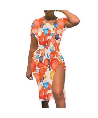 BOXIACEY Womens Dresses Short Sleeve Round Neck Summer Dresses Slim Solid Gradient Printed Dress Sexy Drawstring Slit Dresses XX-Large 03-orange