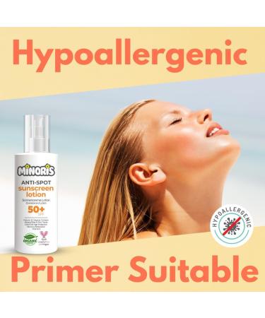 Minoris Anti-Spot Sun Lotion 50+ SPF Full Body High UVA/UVB Protection Prevents Sun Spots Primer Suitable Organic Natural & Vegan Content Water Resistant Titanium Dioxide Free 150 - Buy Online on GoSupps.com