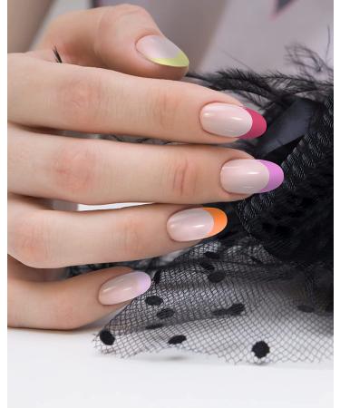 Justotry 24 PCs Rainbow French Nails - Press-On Oval & Almond Fake Nails with Glue | Medium Nail Art for Women - Buy Online on GoSupps.com