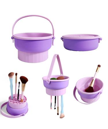 3 in 1 Makeup Brush Cleaning makeup brush cleaner brush cleaner makeup silicone makeup brush holder Mat Brush Cleaner Mat Foldable Makeup Brush Cleaning Bowl With Lanyard (Purple)