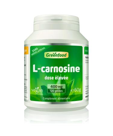Greenfood L-Carnosine, 400 mg, High Dose, Pure, 120 Capsules, Vegan, No Artificial Additives, Non-GMO, Gluten Free, Lactose Free, Vegetable Capsules.