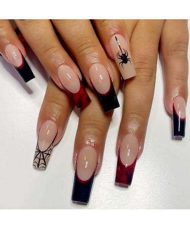 24Pcs/Set Press On Nails Halloween Long Ballet Black Red Spiderweb Fake Nails False Nails Acrylic Fake Nails Full Cover Nails Tips Artificial Finger Manicure Press on nails for Women and Girls