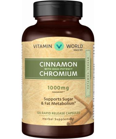 Vitamin World Cinnamon 1000 mg. Complex 120 Capsules Chromium High-Potency Metabolism Gluten Free