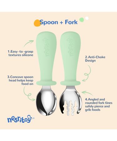 Nesritoy 4 Set Baby Cutlery | BPA-Free Silicone Spoon & Fork for Toddlers | Anti-Choke Design | Mint & Beige Storage Pocket - Buy Online on GoSupps.com
