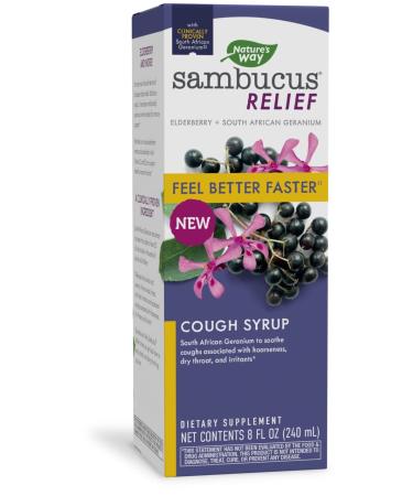 Nature s Way Sambucus Relief Cough Syrup  Feel Better Faster**  Clinically Proven South African Geranium  with Elderberry  Vitamin C & Zinc  8 Oz 8 Fl Oz (Pack of 1)