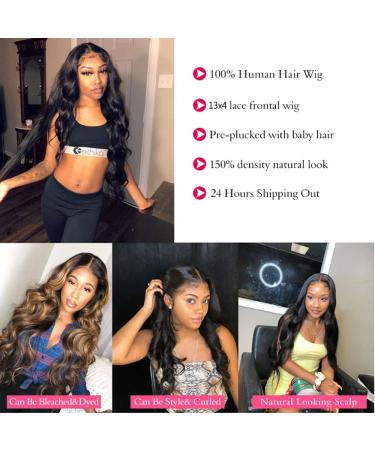 26 Inch Body Wave Lace Front Wig Human Hair | Pre-plucked 13x4 Frontal Wig for Women | Transparent Lace Front Wig with Baby Hair | Brazilian Virgin Hair | 150% Density | Natural Black - Buy Online on GoSupps.com
