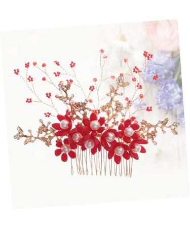HAPINARY Handmade Comb Hair Insert Comb Bridal Headpiece Flower Hair Combs Wedding Side Comb Wedding Hair Combs Pearl Comb Clip Crystal Headpiece Tiara Red Hanfu Bride Headgear - Buy Online on GoSupps.com