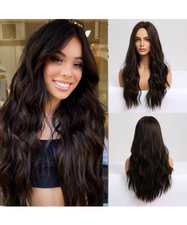 Brown Wig For Women Long Wig Dark Brown Wig Synthetic Wavy Wig Natural Hair Wig Body Wave Wigs Cosplay 24 Inch Middle Part ( Black Brown Wig )