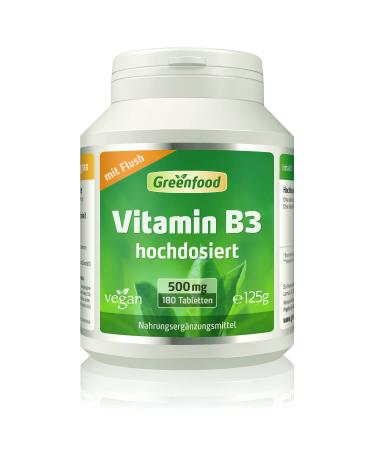 Greenfood vitamin B3 (Niacin) 500 mg high dose 180 tablets vegan - without artificial additives.Without genetic technology.Attention: Flush effect 125 g (1 Pack) - Buy Online on GoSupps.com