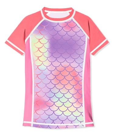 BesserBay Girls Rashguard Short Sleeve Swimwear Sun Protection UV Shirt 110-150 Pants Not Included 140 Pink Wave Pattern