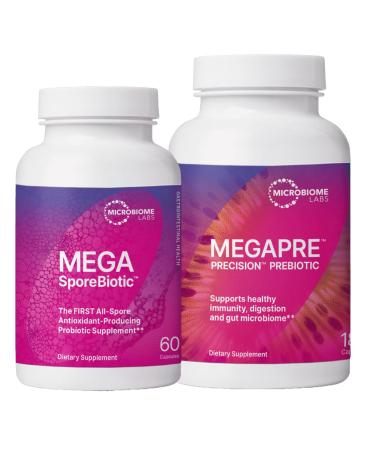 Microbiome Labs MegaSporeBiotic (60 Capsules) + MegaPre (180 Capsules) Probiotic Prebiotic Bundle - Spore-Based Probiotic with Prebiotic Fiber Supplement
