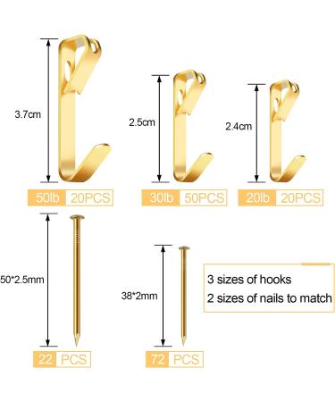 184 Piece Picture Hanging Kit - Metal Picture Hangers for Drywall & Wooden Wall - Includes Hooks & Nails - 20lb, 30lb, 50lb - Gold - Buy Online on GoSupps.com