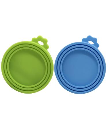 SULIVES Pet Food Can Lids Covers - Food Grade Silicone Dog & Cat Tin Can Lids Airtight Can Covers for Tins Reusable Blue & Green - Pack of 2