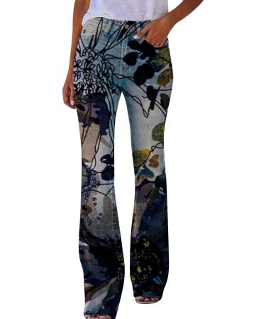 Floral Print Flare Jeans for Women | Curvy Fit Bootcut | High Waist Y2K Denim Pants | Blue | 4X-Large - Buy Online on GoSupps.com
