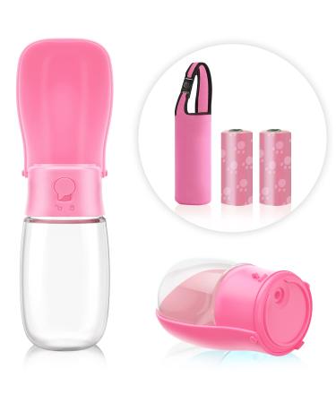 Foldable Dog Water Bottle with Waste Bag and Pet Cup Carry Protector, Portable Food Grade Leak Proof Puppy Drinking Dispenser, Outdoor Walking or Travel for Dogs, Cats and Other Animals 19OZ-Pink